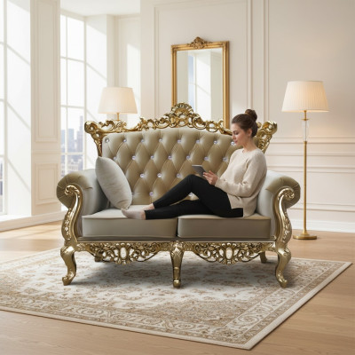 Sofá trono Chesterfield de dos plazas, tapicería real de terciopelo, estilo antiguo.