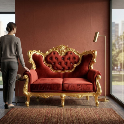 Sofá de 2 plazas elegante con una combinación de colores brillante de rojo noble y tono dorado brillante en estilo barroco.