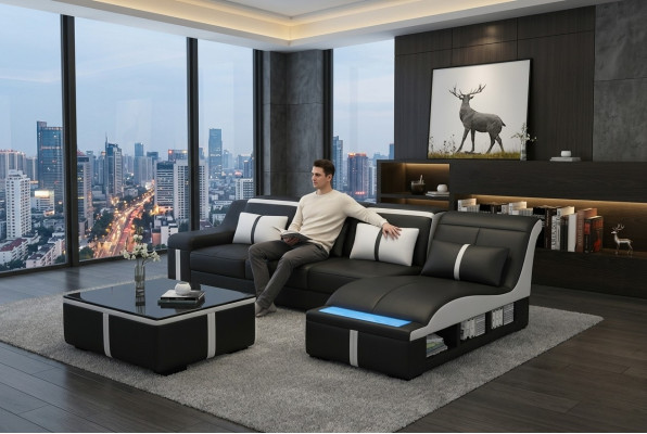Sofá esquinero con asientos tapizados de cuero iluminado en forma de L G8047C