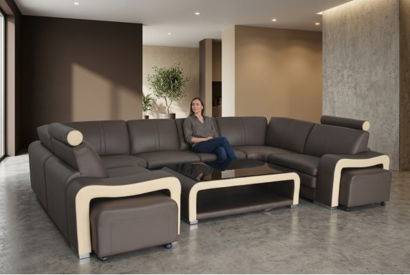 Sofá de esquina de cuero conjunto de tapicería de sofá asiento paisaje de vida moderna.