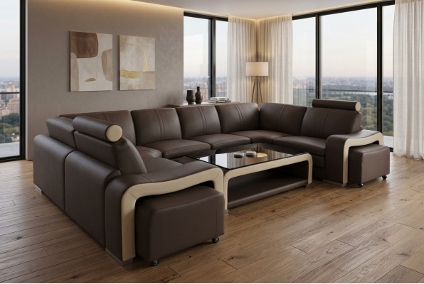 Sofá de esquina de cuero conjunto de tapicería de sofá asiento paisaje de vida moderna.