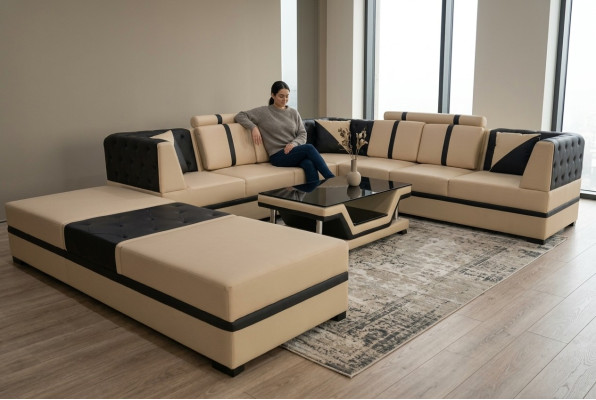 Sofá esquinero de cuero con cojines, asientos acolchados, diseño moderno, muebles de sala de estar.