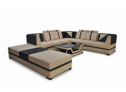 Sofá esquinero de cuero con cojines, asientos acolchados, diseño moderno, muebles de sala de estar.