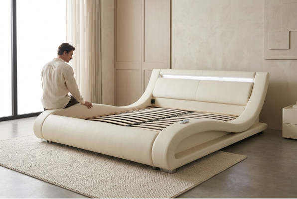 Lujo Cama de matrimonio iluminada de diseño de cuero de alta calidad.