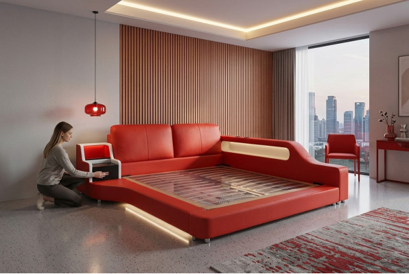 Diseño de cama de cuero de lujo doble, camas tapizadas modernas de hotel de lujo multifunción.