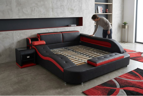 Doble diseño de lujo de cama tapizada de cuero de alta gama, camas modernas multifuncionales de hotel.