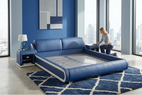 Doble cama de cuero de diseño de lujo, camas de hotel tapizadas multifuncionales modernas.