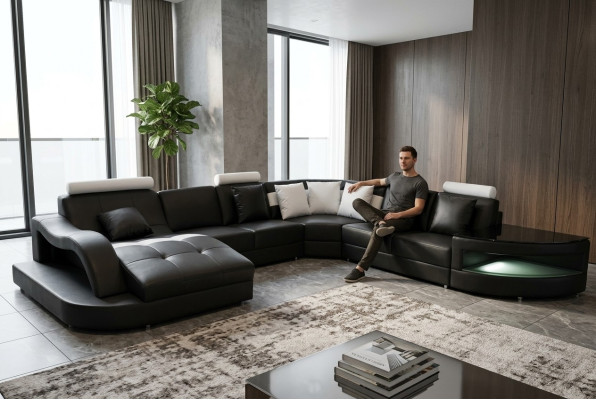 Sofá de cuero conjunto de esquina de diseño moderno U-forma + mesa