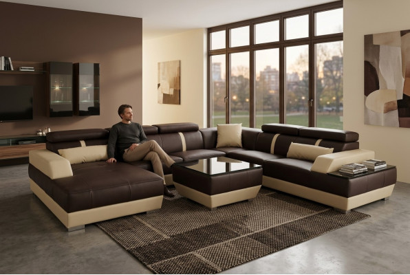 Sofá de cuero sofá de esquina moderno en forma de U con diseño decorativo