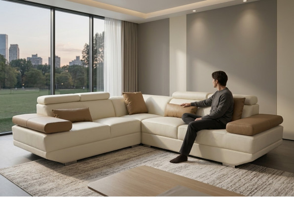 Sofá de cuero, sofá de esquina, conjunto de salón, diseño moderno, sofá decorativo en forma de L.