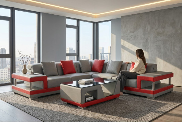 Sofá de cuero Sofá Paisaje de vida Conjunto en forma de L de decoración moderna de diseño