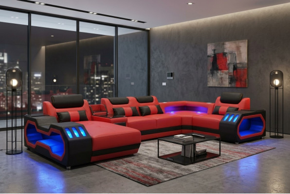 Sofá de cuero Sofá Sofá esquina Conjunto de diseño de salón moderno Sofá en forma de U Sofá rojo