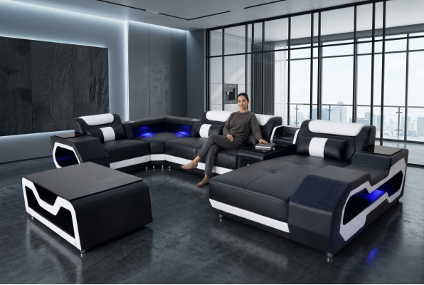 Sofá de cuero moderno en forma de esquina con mesa de centro tipo U, diseño de conjunto de salón G8046, nuevo.