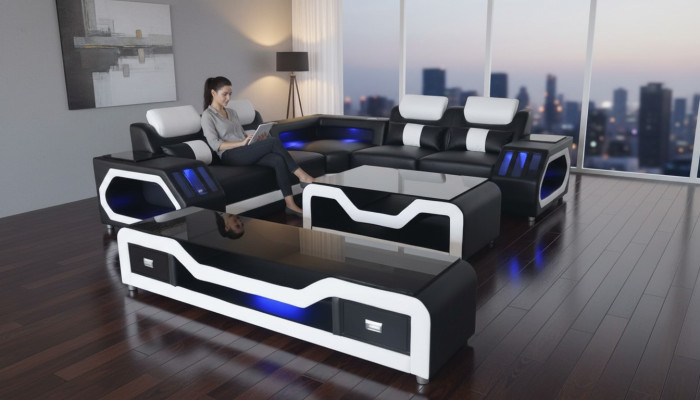 Sofá de cuero, conjunto de esquina de estilo moderno con mesa de centro en forma de L G8046.