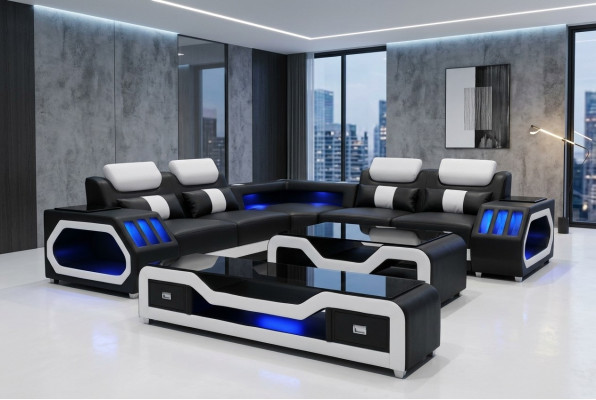 Sofá de cuero, conjunto de esquina de estilo moderno con mesa de centro en forma de L G8046.
