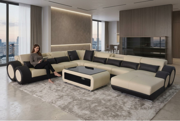 Sofá de cuero diseño moderno esquinero en forma de U con chaise longue G8035