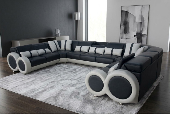 Sofá de cuero esquinero acolchado moderno de diseño en forma de U para sala de estar
