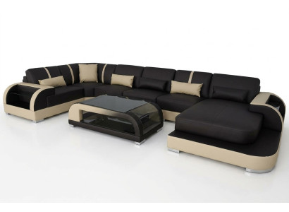 Sofá de cuero acolchado de esquina moderno en forma de U con diseño de sala de estar.