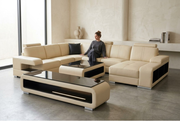 Sofá de cuero para sala de estar, conjunto de diseño moderno en forma de U con mesa RTV G8028.