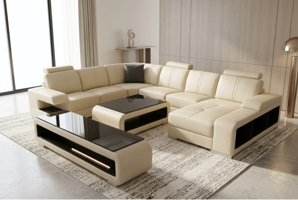 Sofá de cuero para sala de estar, conjunto de diseño moderno en forma de U con mesa RTV G8028.