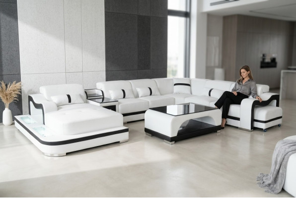 Sofá de cuero acolchado asiento paisaje de estar diseño moderno conjunto de esquina en forma de U + mesa