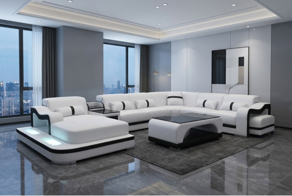 Sofá de cuero acolchado asiento paisaje de estar diseño moderno conjunto de esquina en forma de U + mesa