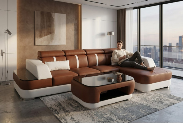 Sofá de cuero acolchado diseño moderno de esquina con conjunto de mesa de salón.