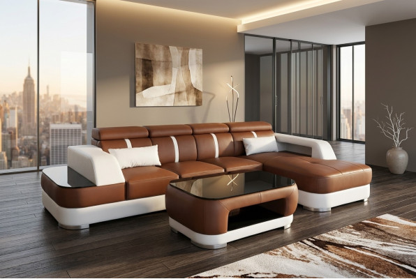 Sofá de cuero acolchado diseño moderno de esquina con conjunto de mesa de salón.