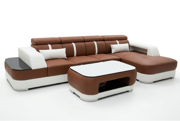 Sofá de cuero acolchado diseño moderno de esquina con conjunto de mesa de salón.