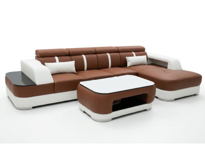 Sofá de cuero acolchado diseño moderno de esquina con conjunto de mesa de salón.
