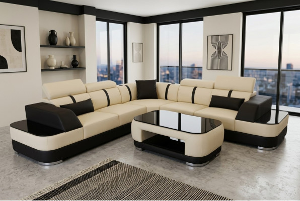 Sofá de esquina de cuero tapizado en forma de L + conjunto de asientos de esquina + mesa salón
