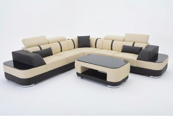 Sofá de esquina de cuero tapizado en forma de L + conjunto de asientos de esquina + mesa salón