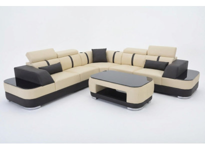 Sofá de esquina de cuero tapizado en forma de L + conjunto de asientos de esquina + mesa salón