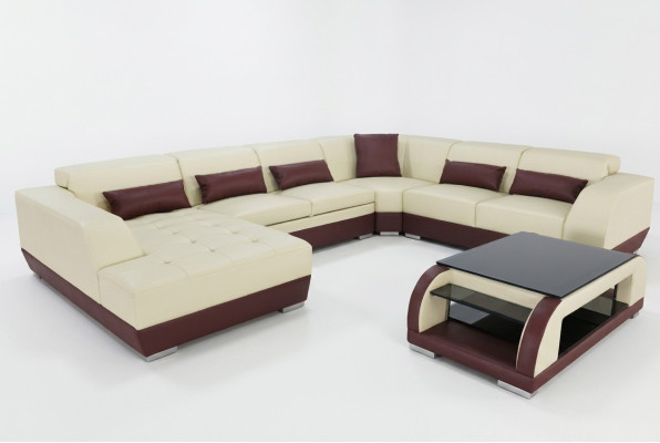 Sofá de cuero de esquina, diseño de sala de estar, cojines, conjunto nuevo de esquina.