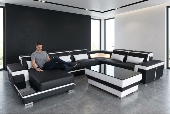 Sofá de Cuero XXL Tapizado Sala de Estar Sofá Asiento Conjunto Esquinero Sofás Rinconeros + Mesa
