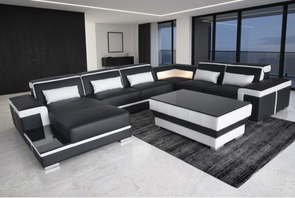 Sofá de Cuero XXL Tapizado Sala de Estar Sofá Asiento Conjunto Esquinero Sofás Rinconeros + Mesa