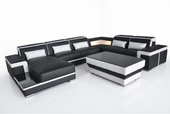 Sofá de Cuero XXL Tapizado Sala de Estar Sofá Asiento Conjunto Esquinero Sofás Rinconeros + Mesa