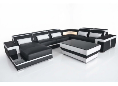 Sofá de Cuero XXL Tapizado Sala de Estar Sofá Asiento Conjunto Esquinero Sofás Rinconeros + Mesa