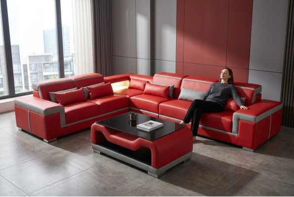 Sofá de cuero Sofás Sofá Esquina + Juego de tapicería de mesa + Sofás en forma de L Sla Wohnlandschaft