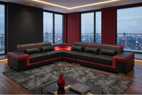 Sofá en esquina XXL, sofá de cuero, conjunto de sala, diseño moderno, sofá en forma de L G8020B