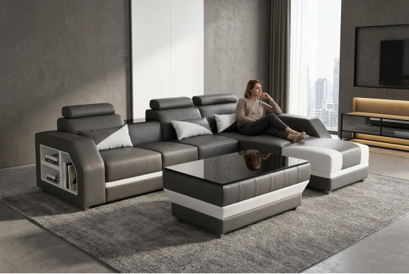 Sofá de esquina de cuero sofá tapizado Sofás Conjunto de salón de lujo + Mesa