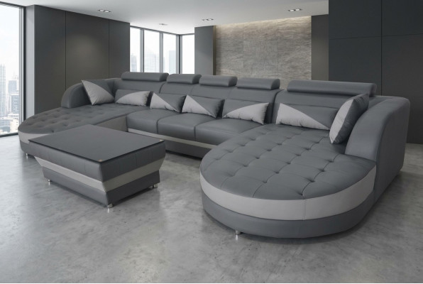 Sofá de cuero, sofá moderno, diseño de tapicería de salón + mesa.