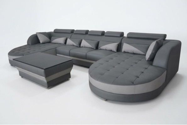 Sofá de cuero, sofá moderno, diseño de tapicería de salón + mesa.