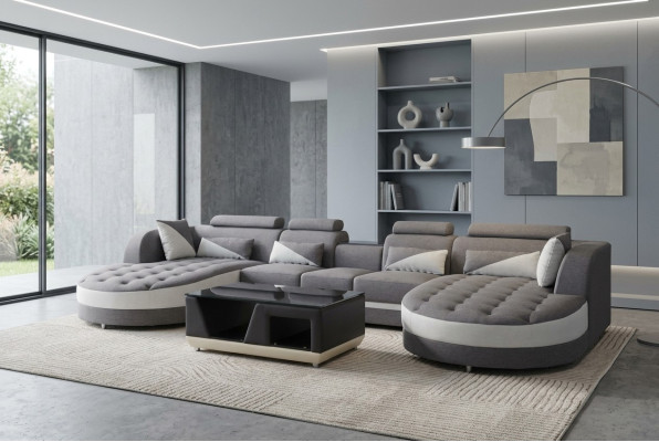 Sofá de cuero Sofá moderno Tapizado Salón + Mesa Sofás Asiento Esquina Diseño