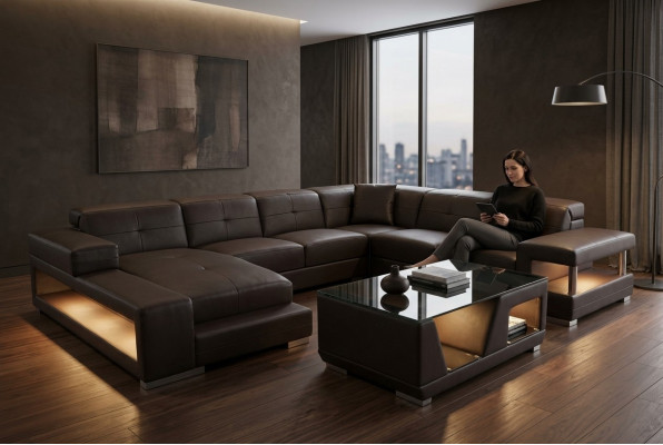 Sofá de esquina de cuero, conjunto de sala de estar, diseño moderno, sofá en forma de U, G8017
