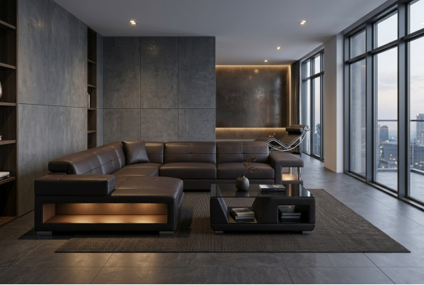 Sofá de esquina de cuero, conjunto de sala de estar, diseño moderno, sofá en forma de U, G8017