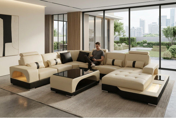 Sofá de cuero Sofá moderno Diseño de tapicería ‘Living Landscape’ + mesa Sofá de esquina Asientos