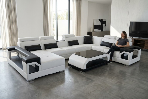 Sofá de cuero con diseño moderno, asientos acolchados, diseño de salón + mesa esquinera.