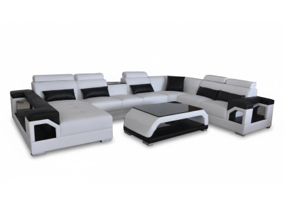 Sofá de cuero con diseño moderno, asientos acolchados, diseño de salón + mesa esquinera.