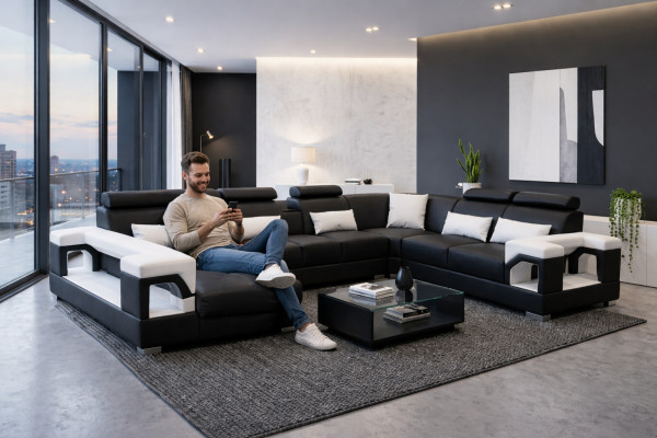Sofá de esquina con respaldo ergonómico y reposabrazos funcionales